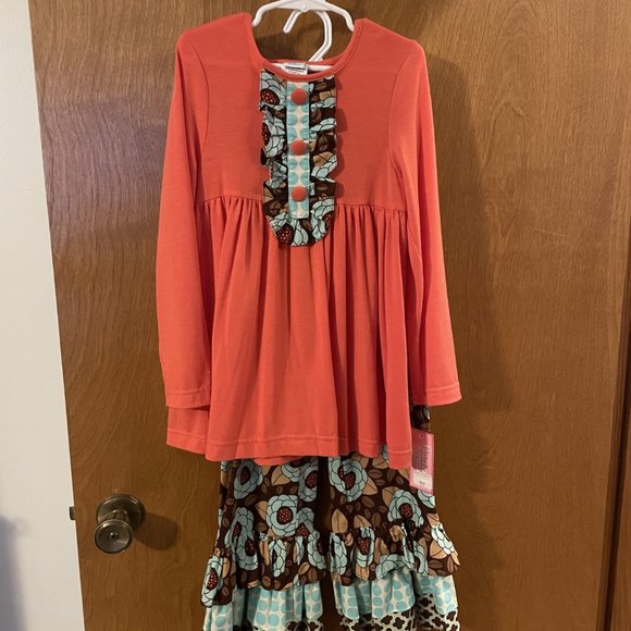 New Girls Boutique Peaches n Cream size 7 Coral Teal Brown Print 2 Piece Outfit